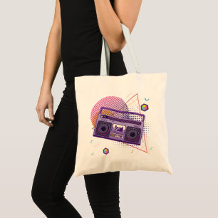 Funky 80s portable radio cassette player, boombox tote bag