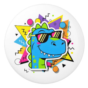 Funky 90s Dinosaur with Sunglasses Retro Geometric Ceramic Knob