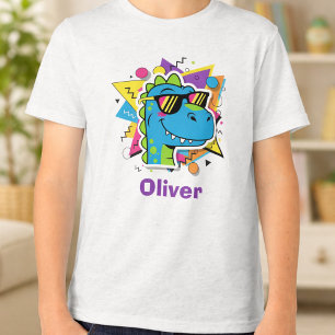 Funky 90s Dinosaur with Sunglasses Retro Geometric Tri-Blend Shirt