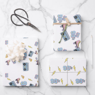 Funky 90's Theme Birthday Gift Set of 3  Wrapping Paper Sheet