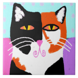 Funky Abstract Art Calico Cat Tile