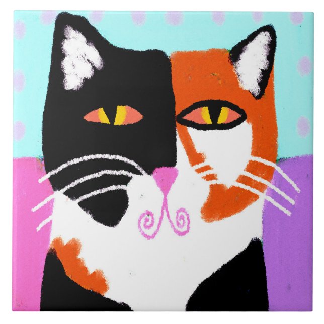 Funky Abstract Art Calico Cat Tile (Front)