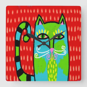 Funky Abstract Art Cat Square Wall Clock