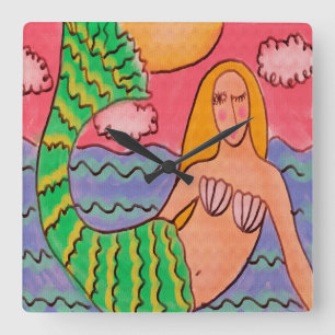 Funky Abstract Art Mermaid Square Wall Clock