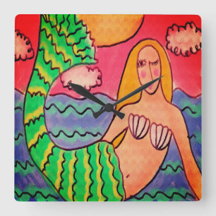 Funky Abstract Art Mermaid Square Wall Clock