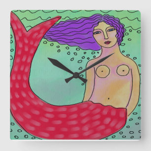 Funky Abstract Art Mermaid Square Wall Clock