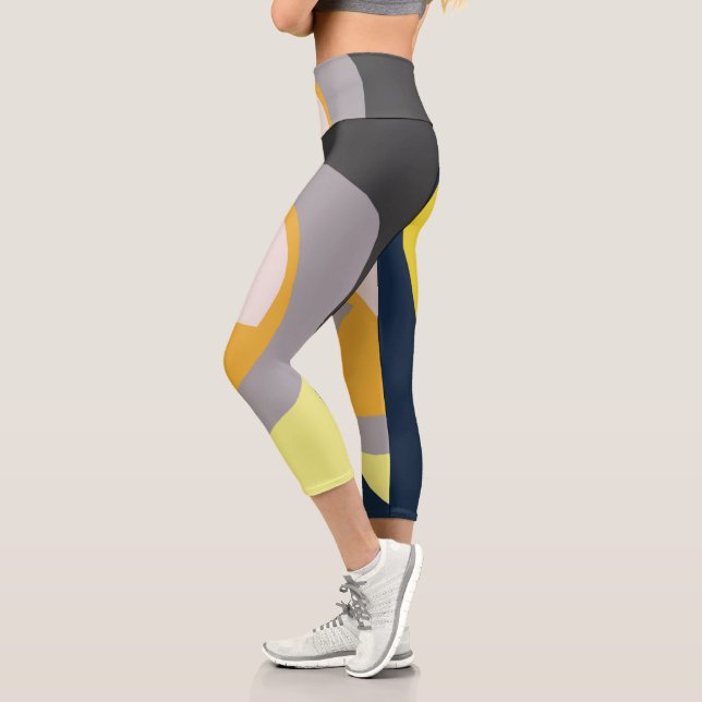 Funky Abstract Art Pale Pastel Charcoal Yellow Capri Leggings (Left)