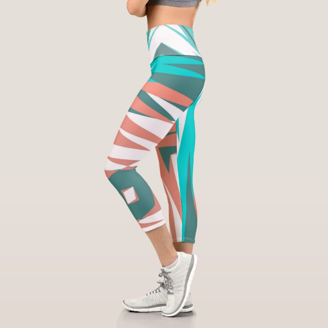 Funky Abstract Art Pastel Turquoise White Capri Leggings (Left)