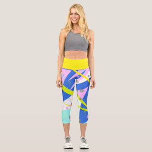 Funky Abstract Art Yellow Blue Pastel Theme Capri Leggings