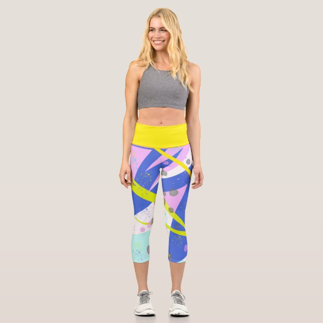 Funky Abstract Art Yellow Blue Pastel Theme Capri Leggings (Front)