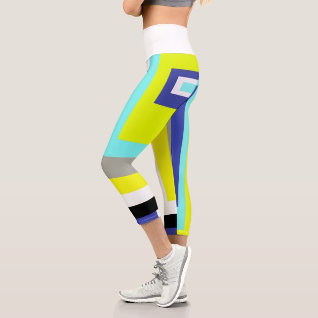 Funky Abstract Art Yellow Blue Pastel Theme Capri Leggings (Left)