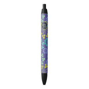 Funky Abstract Blue Floral Pattern Monogram Black Ink Pen
