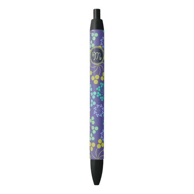 Funky Abstract Blue Floral Pattern Monogram Black Ink Pen (Front Vertical)