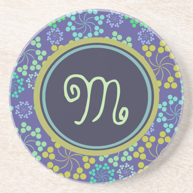 Funky Abstract Blue Floral Pattern Monogram Coaster (Front)