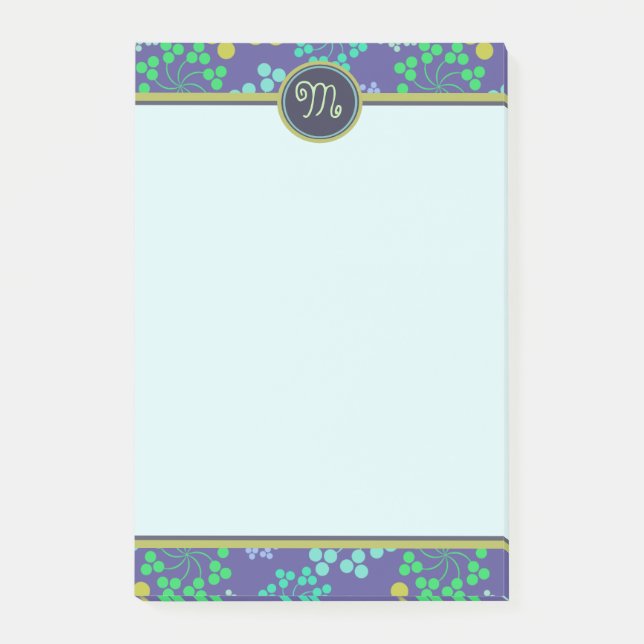Funky Abstract Blue Floral Pattern Monogram Post-it Notes (Front)