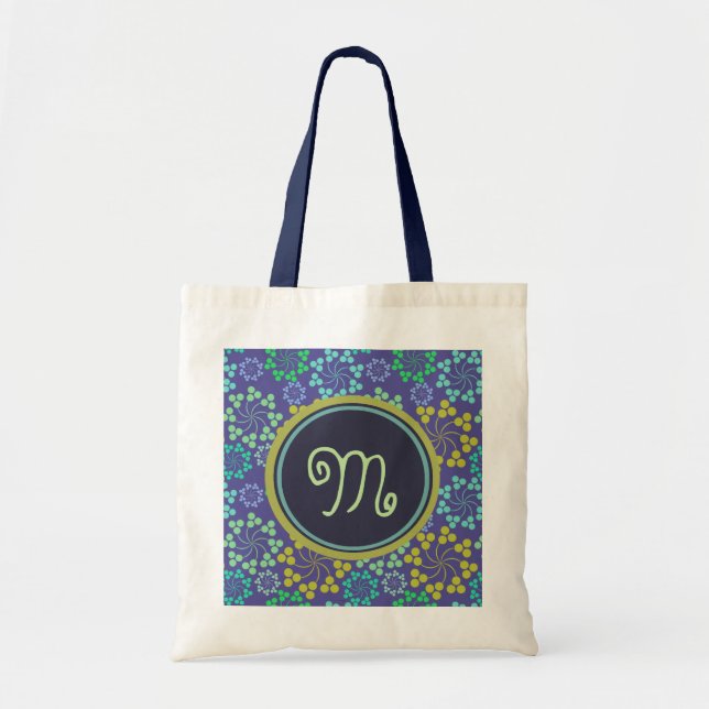 Funky Abstract Blue Floral Pattern Monogram Tote Bag (Front)