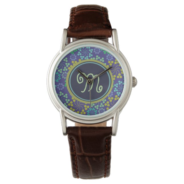 Funky Abstract Blue Floral Pattern Monogram Watch (Front)