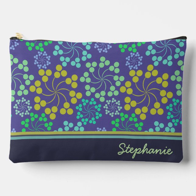 Funky Abstract Blue Floral Pattern Personalised Accessory Pouch (Front)