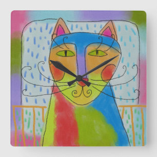 Funky Abstract Cat Art Square Wall Clock