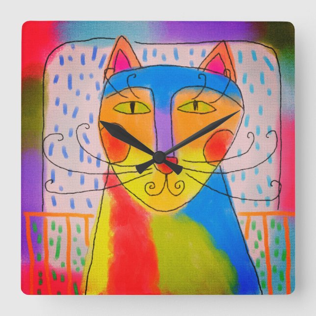 Funky Abstract Cat Art Square Wall Clock (Front)
