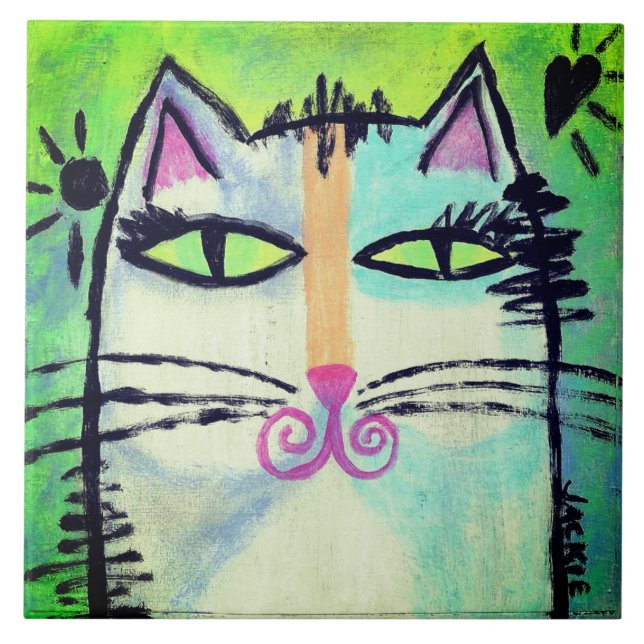 Funky Abstract Cat Painting Tile (Front)