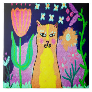 Funky Abstract Digital Cat Art Tile