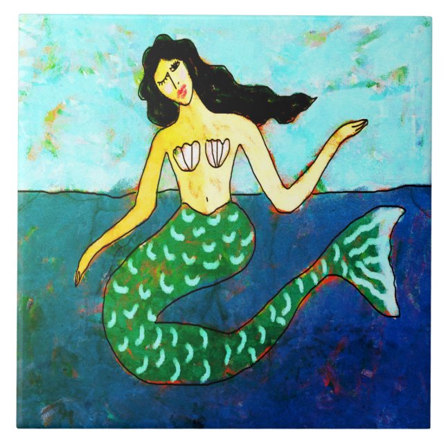 Funky Abstract Digital Mermaid Painting Tile (Front)