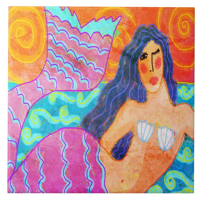 Funky Abstract Digital Mermaid Painting Tile (Front)
