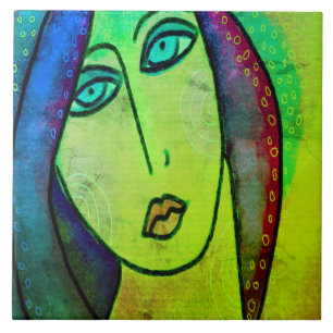 Funky Abstract Digital Portrait of a Woman Tile