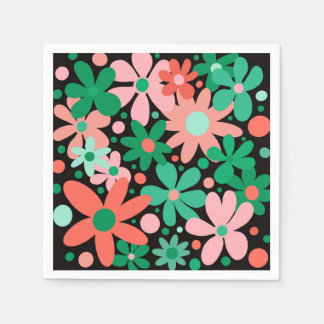 Funky, abstract flowers in green & pink napkin
