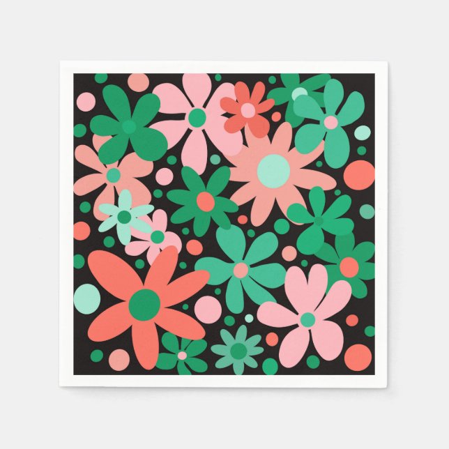 Funky, abstract flowers in green & pink napkin (Front)