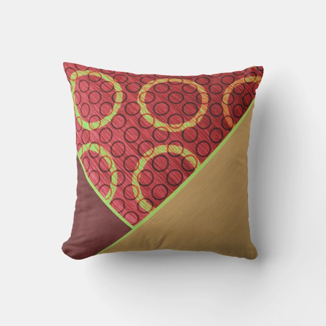 Funky Abstract Gold Lime Green Wine Red Circle Cushion (Front)