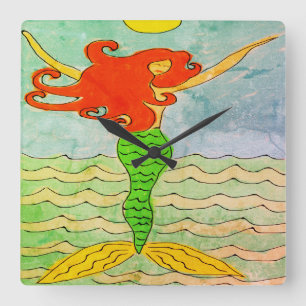 Funky Abstract Mermaid Painting Square Wall Clock
