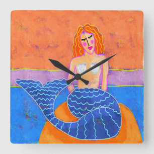 Funky Abstract Mermaid Painting Square Wall Clock