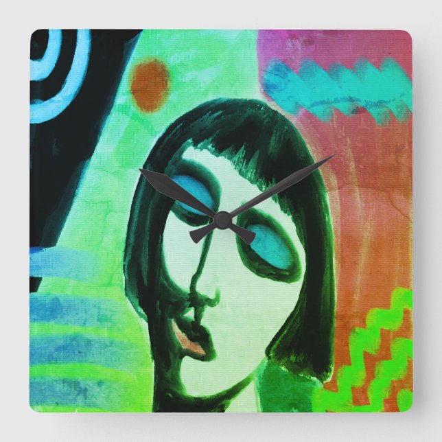 Funky Abstract Portrait of a Woman Square Wall Clock (Front)