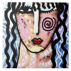 Funky Abstract Portrait of a Woman Tile
