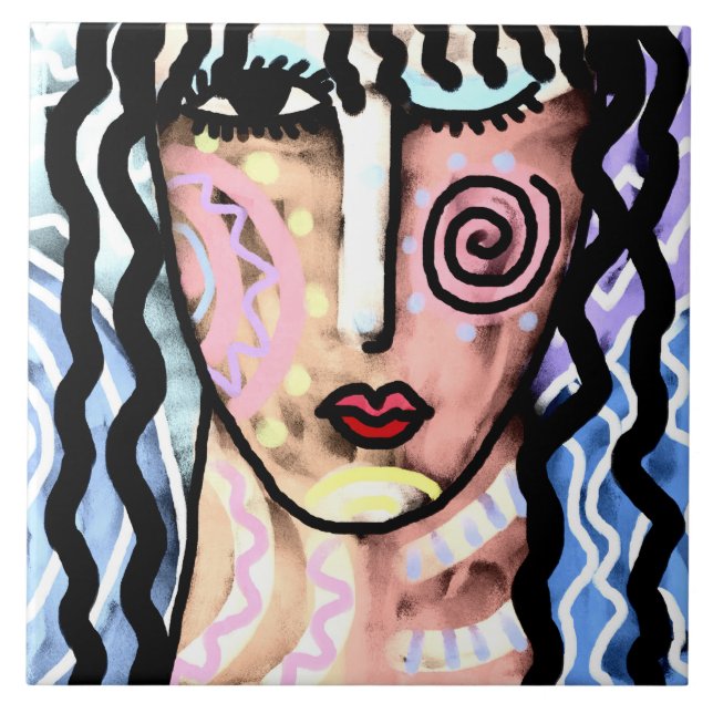 Funky Abstract Portrait of a Woman Tile (Front)