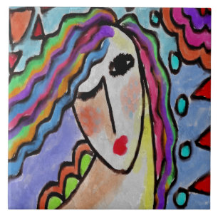 Funky Abstract Portrait of a Woman Tile
