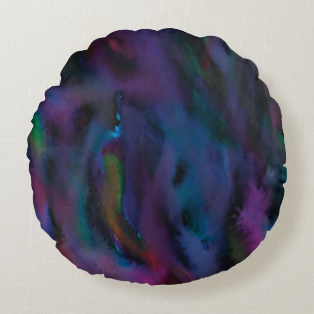 Funky abstract smokey purples water colour round cushion (Front)