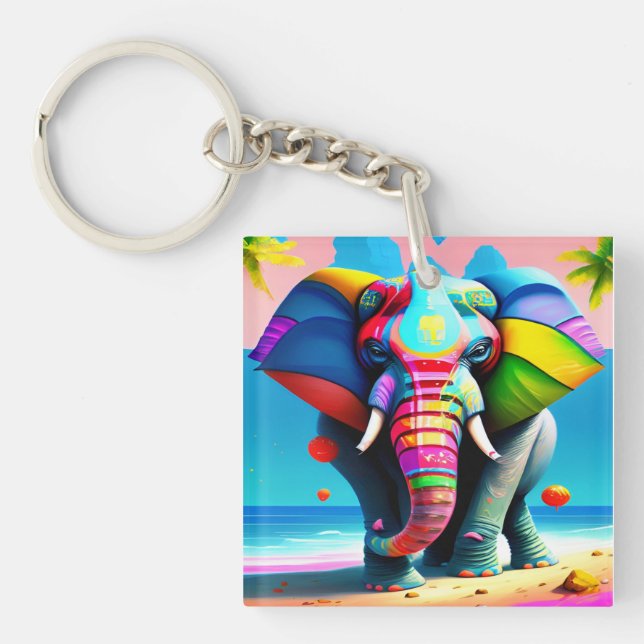 Funky and Playful Rainbow Elephant Print  Key Ring (Front)