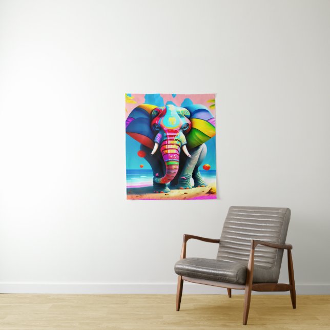 Funky and Playful Rainbow Elephant Print  Tapestry (In Situ)