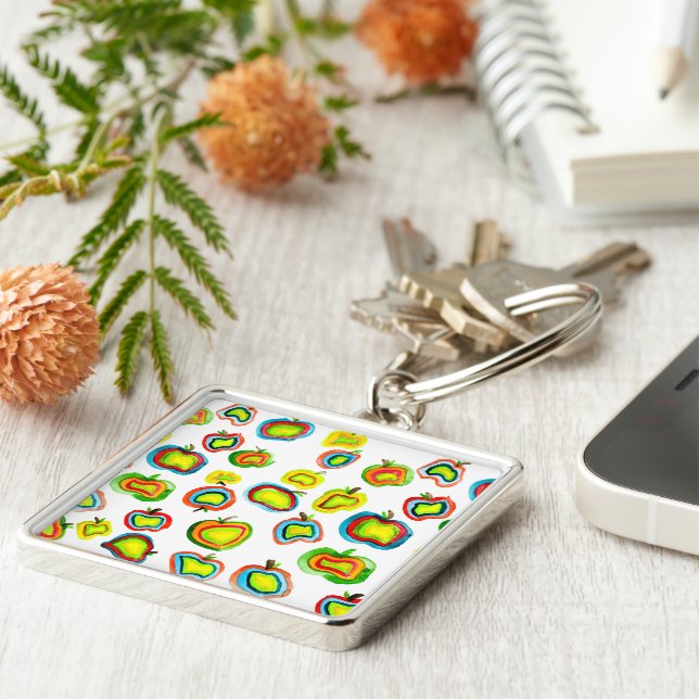 Funky apple watercolor fruit design key ring (Side)