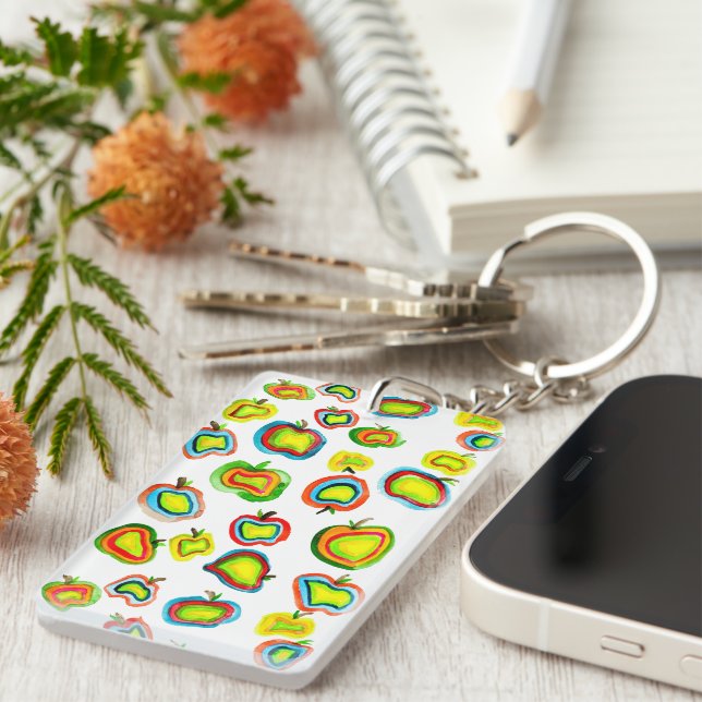Funky apple watercolor fruit design key ring (Front Right)