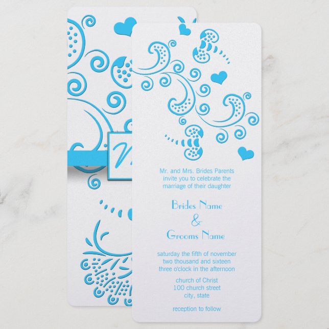 Funky Aqua Blue Butterfly or Bumble Bee Wedding Invitation (Front/Back)