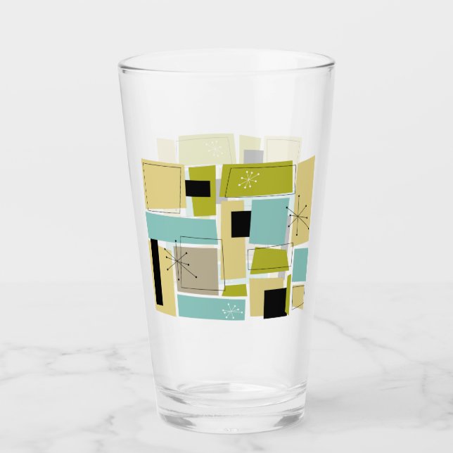 Funky Aqua Blue Yellow Rectangles Mid Century Glass (Front)