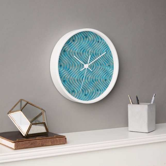 Funky Aqua Turquoise Blue Curved Lines Art Pattern Clock (Office)