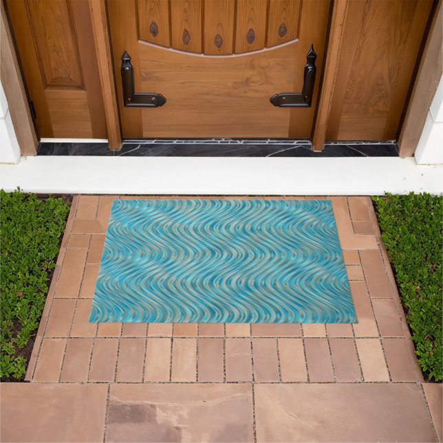 Funky Aqua Turquoise Blue Curved Lines Art Pattern Doormat (Outdoor)