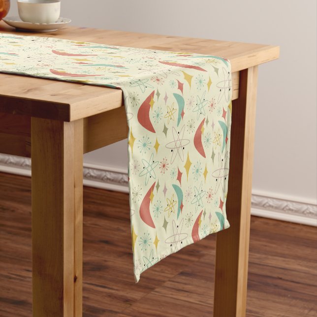 Funky Atomic Boomerang Burnt Red Pink Mid Century Short Table Runner (In Situ)