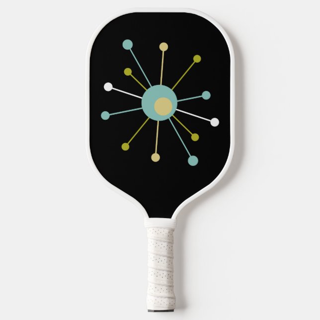 Funky Atomic Starburst On Black Mid Century Retro Pickleball Paddle (Front)