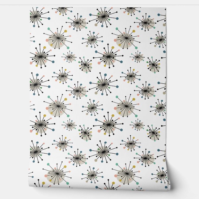Funky Atomic Starburst Pattern Mid Century Modern Wallpaper (Unrolling)